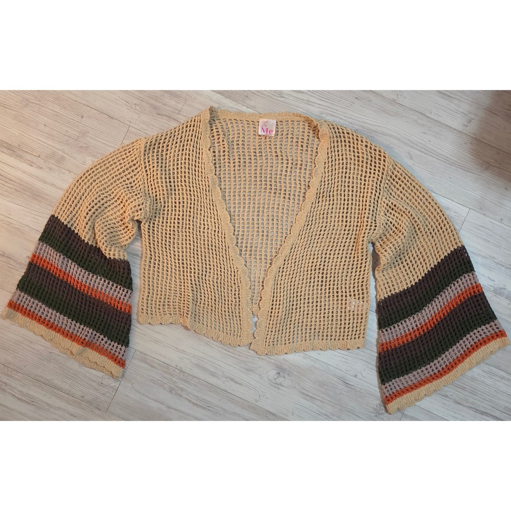 So Me Tan Crochet Open Knit Cardigan Striped Bell Sleeve Cotton Women's Small